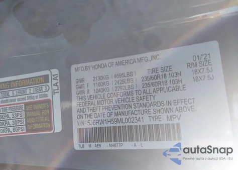 2021 Honda Cr-V 2Wd Ex из США, поврежденный, VIN 5J6RW1H59ML002341